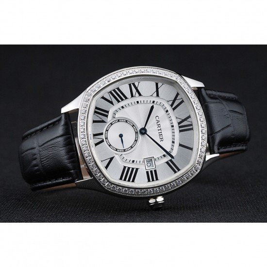 Cartier Drive De Cartier White Dial Silver Diamond Case Black Leather Bracelet 1454215
