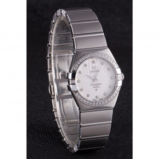 Swiss Lady Omega Constellation Crystal Encrusted Bezel Silver Radial Dial 80291