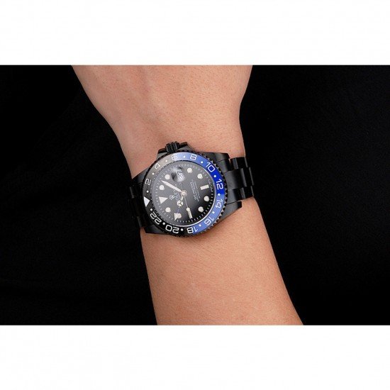 Swiss Rolex GMT Master II Black Dial Blue And Black Bezel Black PVD Case And Bracelet