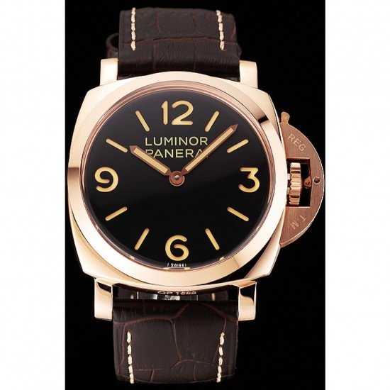 Swiss Panerai Luminor Black Dial Rose Gold Case Brown Leather Strap 1453842