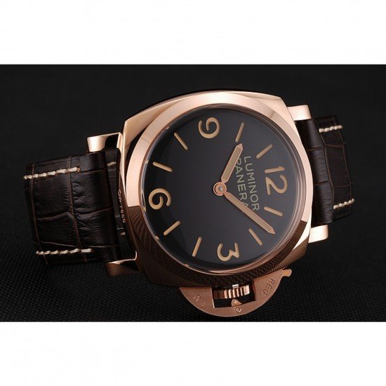 Swiss Panerai Luminor Black Dial Rose Gold Case Brown Leather Strap 1453842