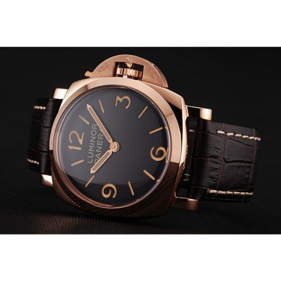 Swiss Panerai Luminor Black Dial Rose Gold Case Brown Leather Strap 1453842