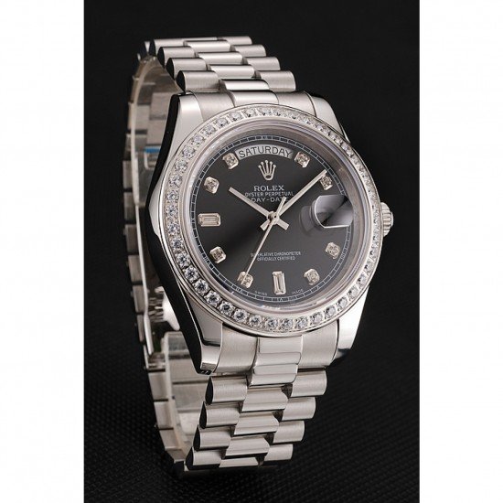 Swiss Rolex Day-Date Black Dial Diamond Case Diamond Numerals Stainless Steel Bracelet 1453966