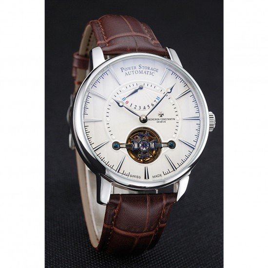 Vacheron Constantin Tourbillion Power Reserve White Dial Silver Case Brown Leather Bracelet 1454275