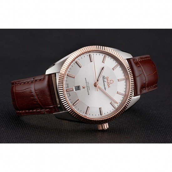 Omega Globemaster Silver Dial Rose Gold Bezel Stainless Steel Case Brown Leather Strap