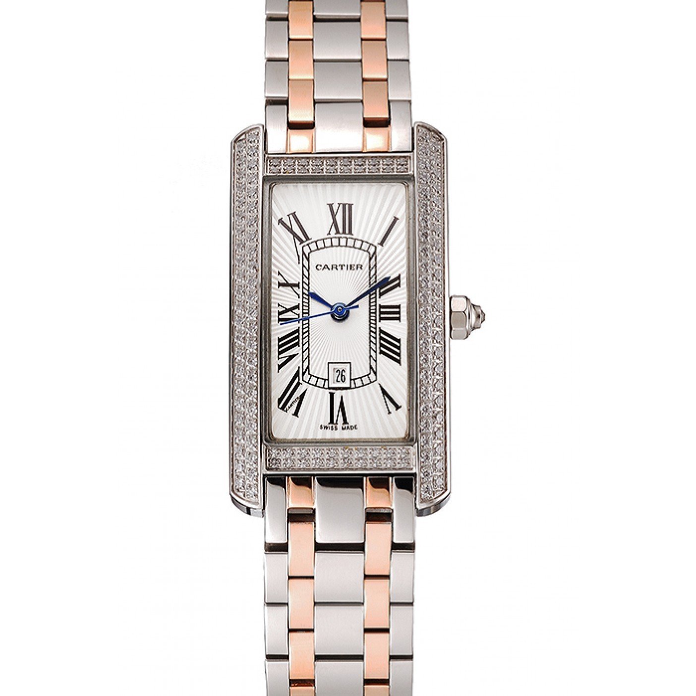 Cartier Tank Americaine White Dial Diamond Bezel Stainless Steel Case Two Tone Bracelet 1453778