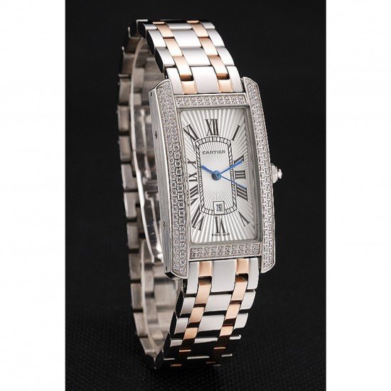 Cartier Tank Americaine White Dial Diamond Bezel Stainless Steel Case Two Tone Bracelet 1453778