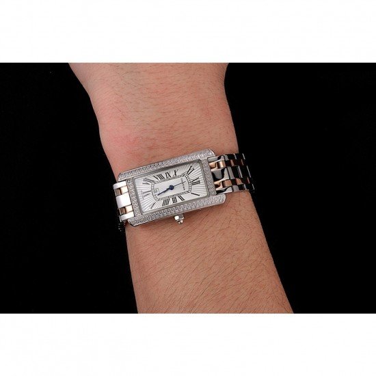 Cartier Tank Americaine White Dial Diamond Bezel Stainless Steel Case Two Tone Bracelet 1453778