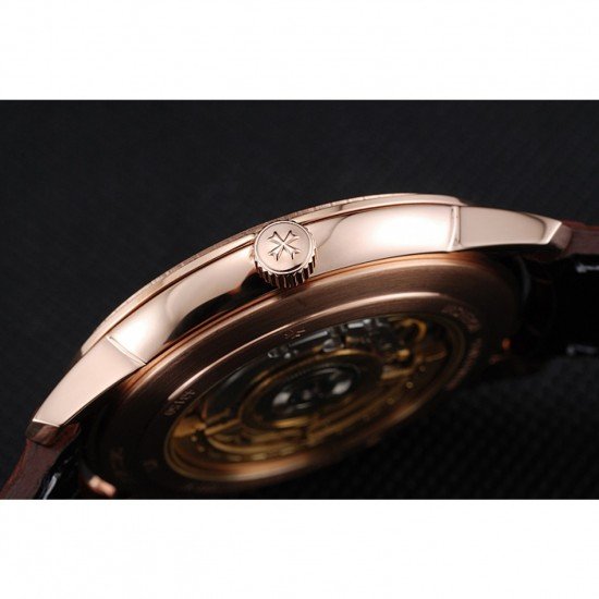 Swiss Vacheron Constantin Patrimony Grand Taille Black Dial Rose Gold Diamonds Case Brown Leather Bracelet 1454174