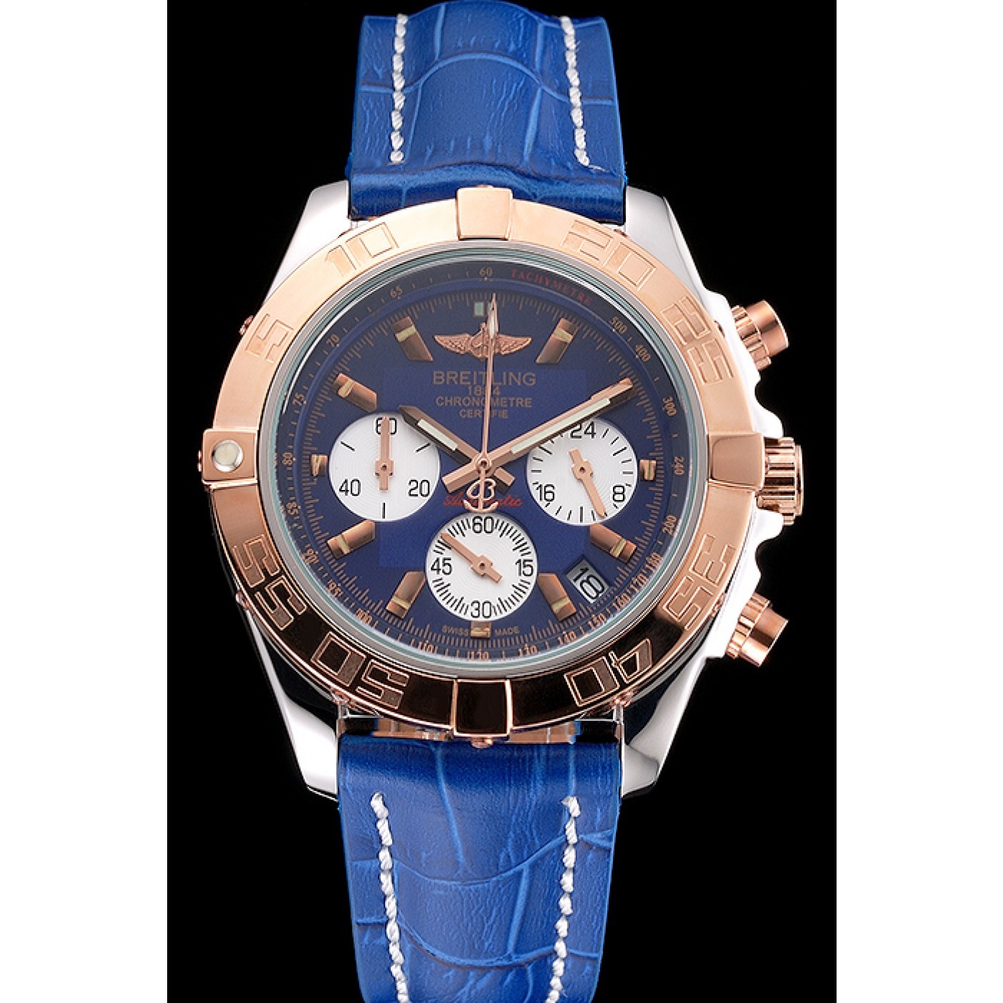 Breitling Chronomat Patrouille De France Blue Dial Stainless Steel Case Blue Leather Strap