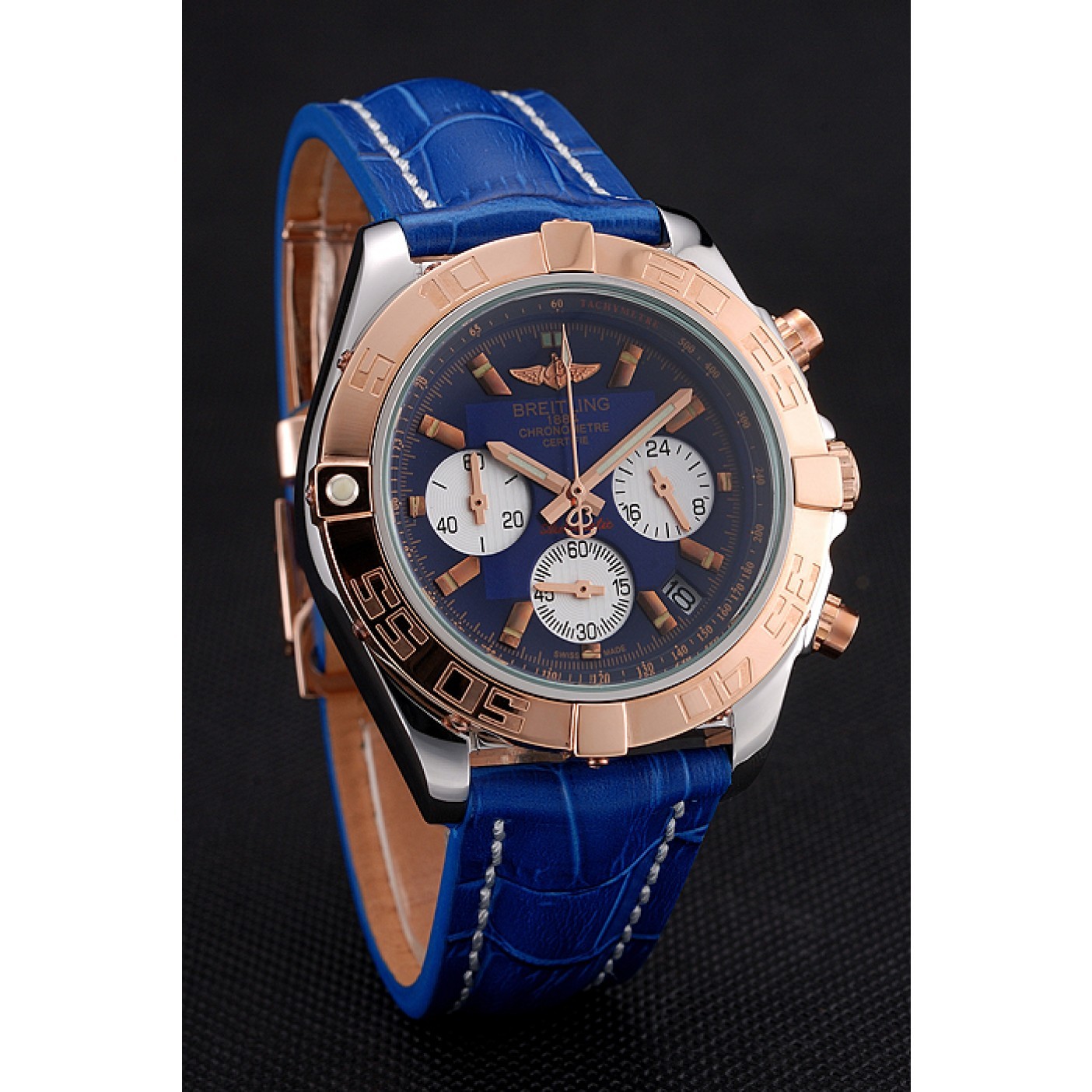 Breitling Chronomat Patrouille De France Blue Dial Stainless Steel Case Blue Leather Strap