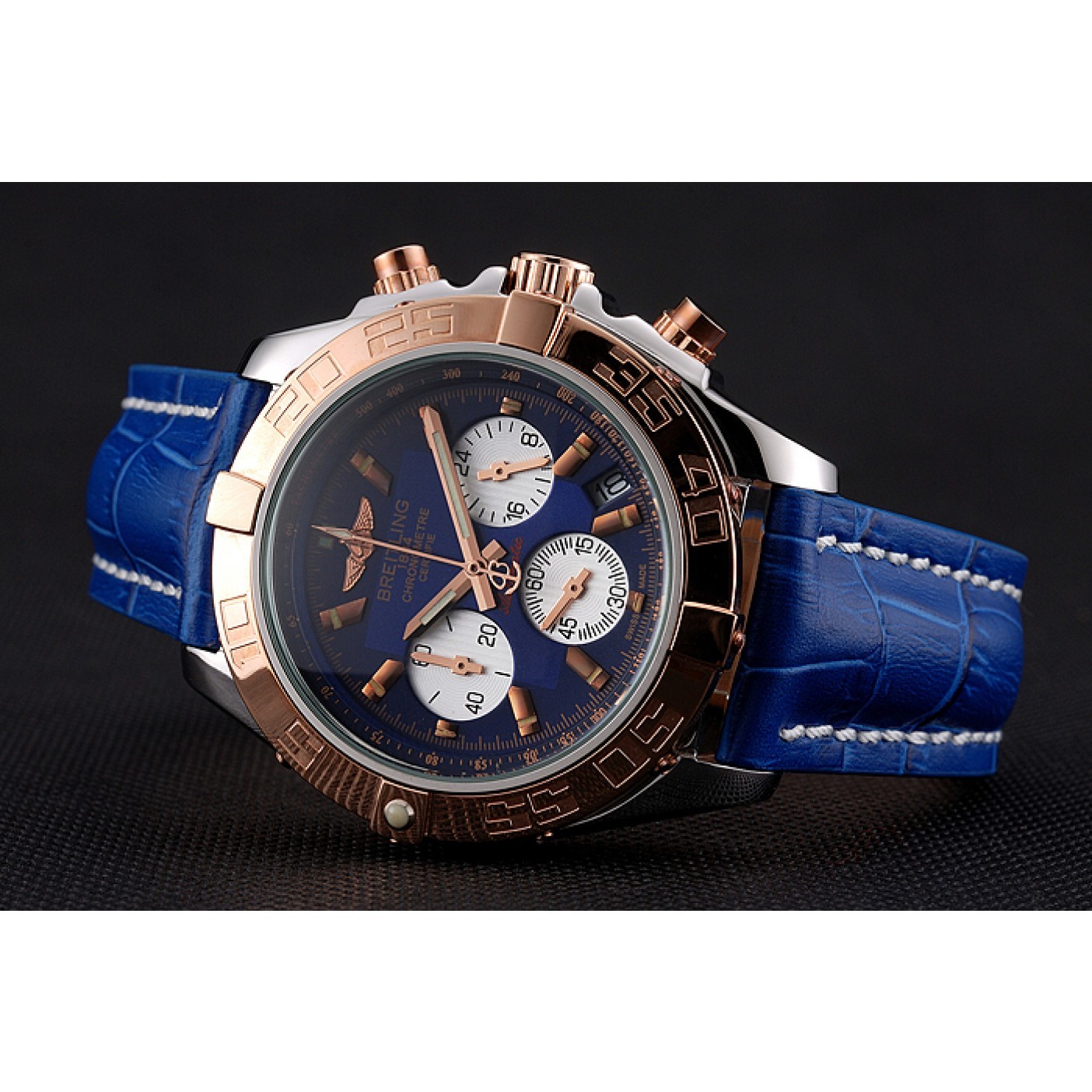 Breitling Chronomat Patrouille De France Blue Dial Stainless Steel Case Blue Leather Strap