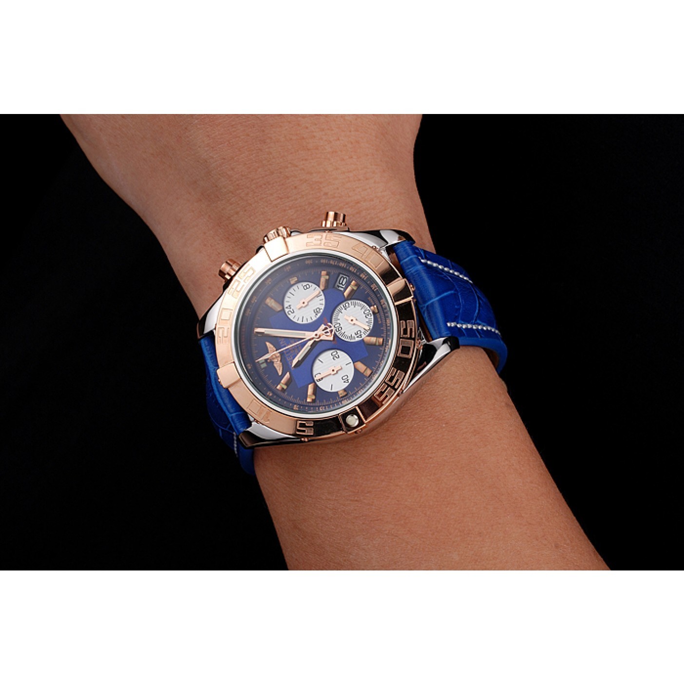 Breitling Chronomat Patrouille De France Blue Dial Stainless Steel Case Blue Leather Strap