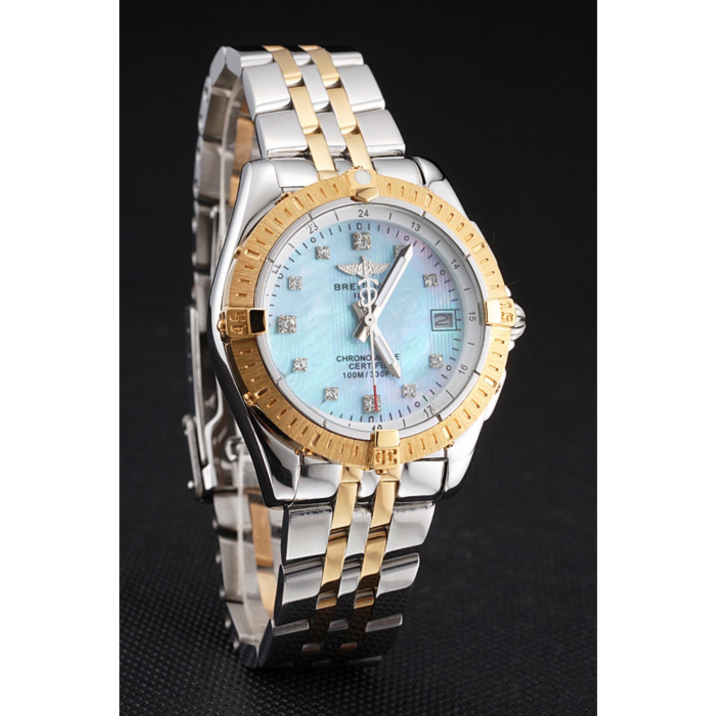 Breitling Colt Lady Light Blue Dial Diamond Hour Marks Gold Bezel Stainless Steel Case Two Tone Bracelet