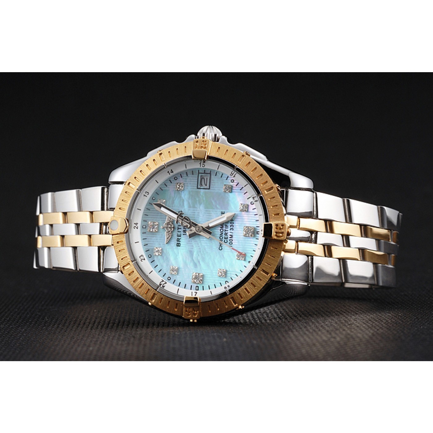 Breitling Colt Lady Light Blue Dial Diamond Hour Marks Gold Bezel Stainless Steel Case Two Tone Bracelet