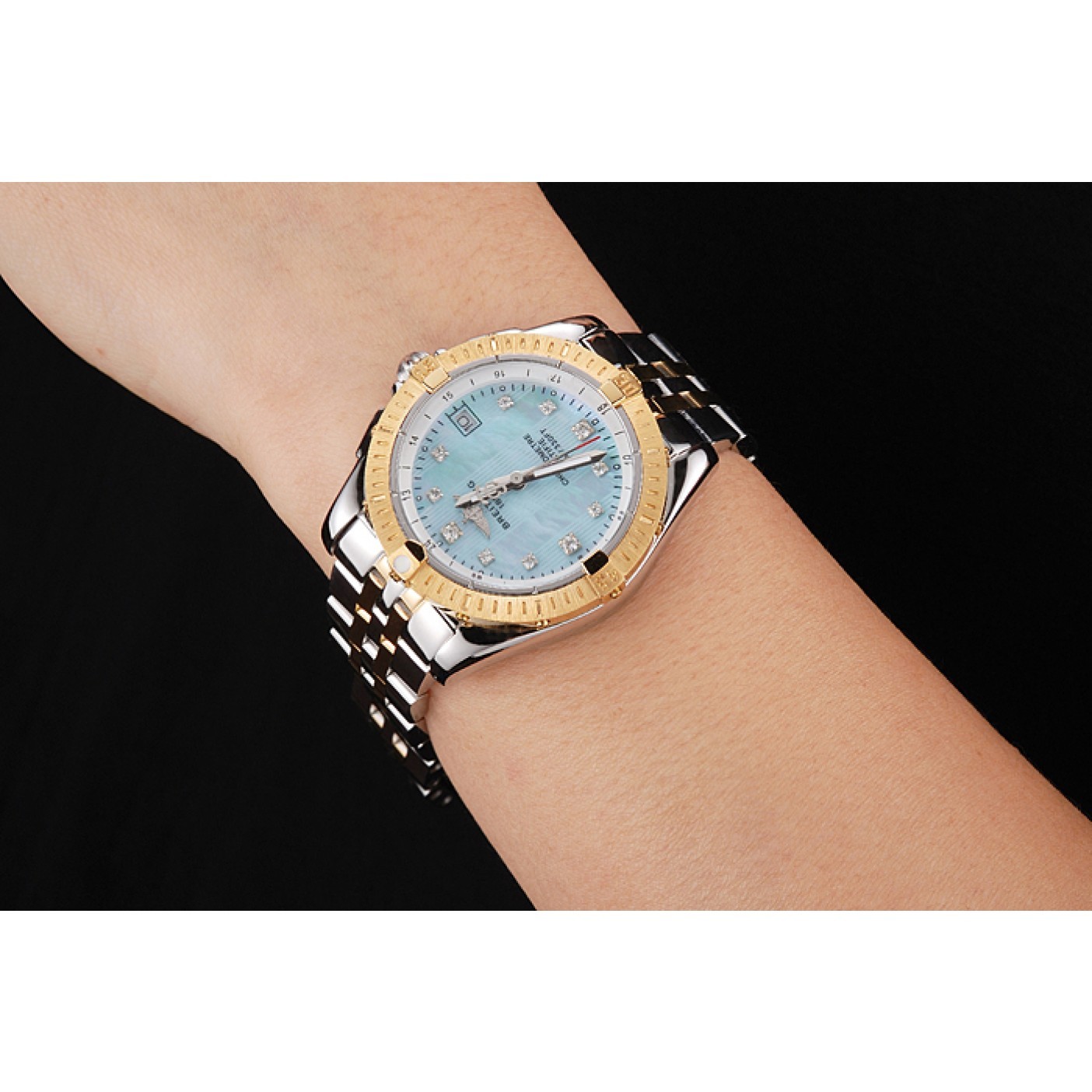 Breitling Colt Lady Light Blue Dial Diamond Hour Marks Gold Bezel Stainless Steel Case Two Tone Bracelet