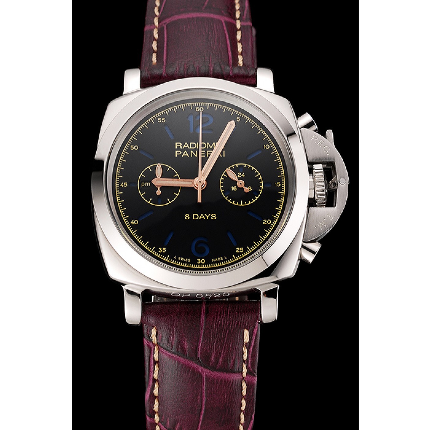 Panerai Radiomir 8 Days Chronograph Black Dial Stainless Steel Case Plum Leather Strap 1453795