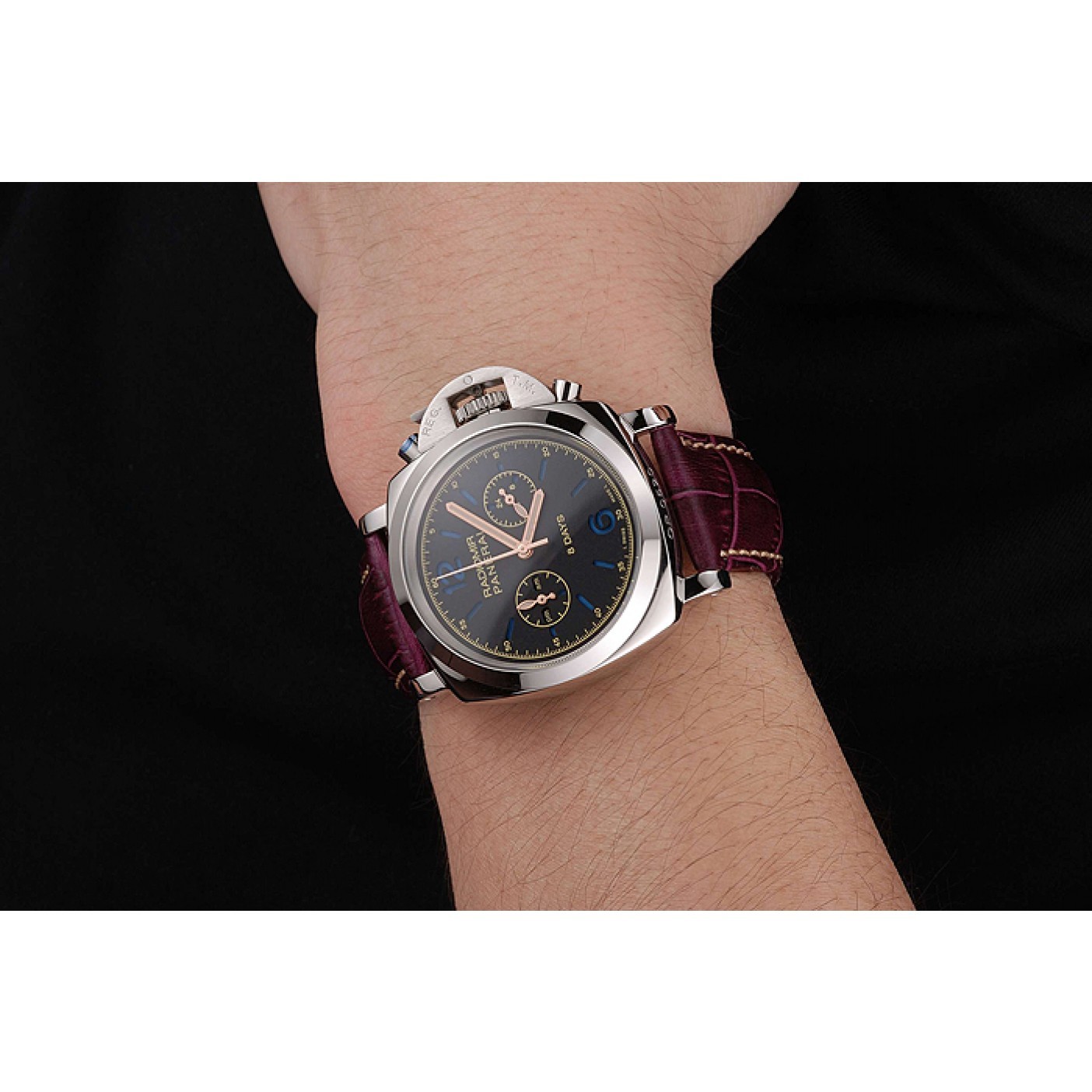 Panerai Radiomir 8 Days Chronograph Black Dial Stainless Steel Case Plum Leather Strap 1453795