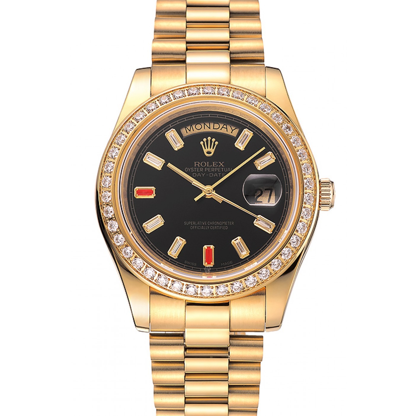 RepTime Watches Swiss Rolex Day-Date Diamonds And Rubies Black Dial Gold Bracelet 1454101