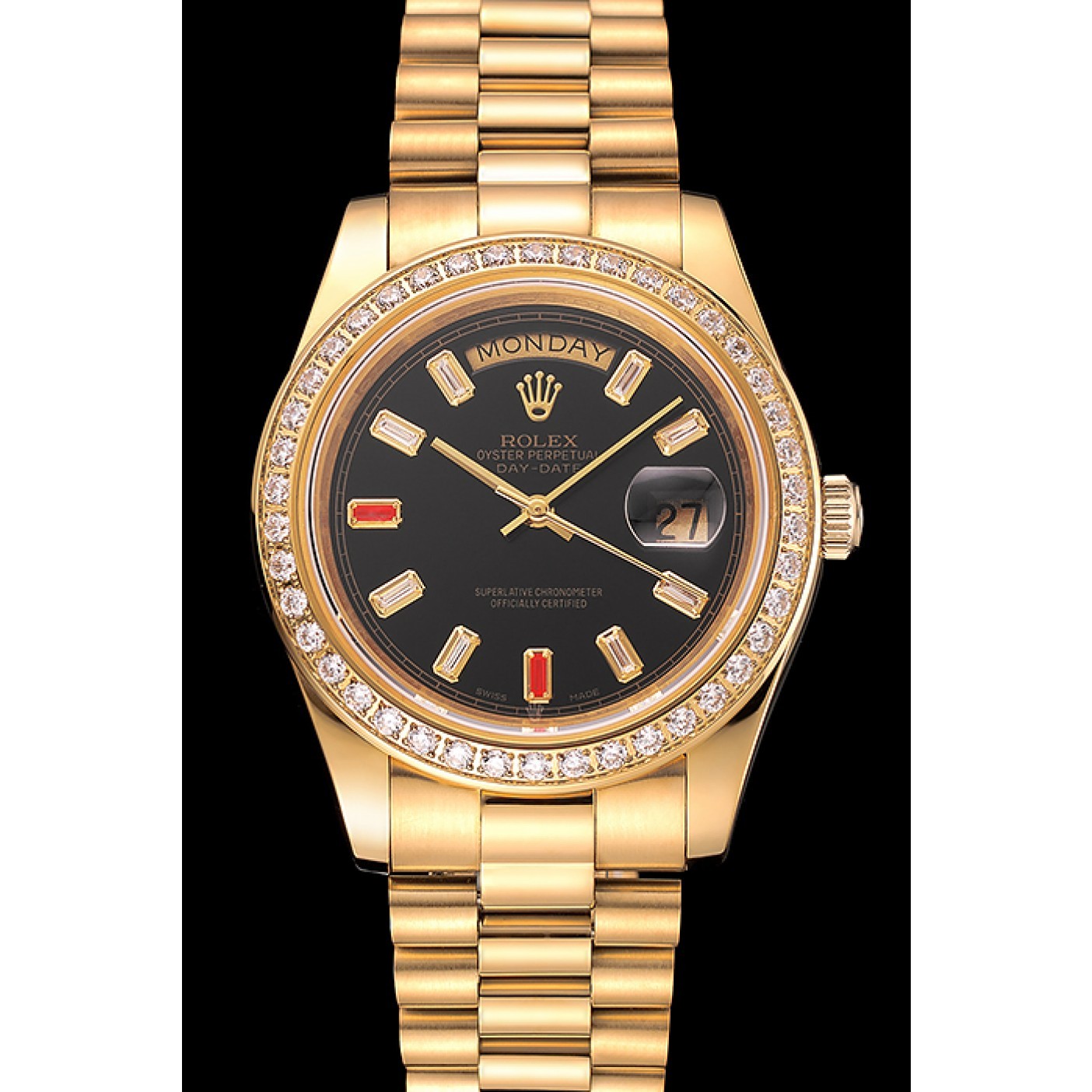 Swiss Rolex Day-Date Diamonds And Rubies Black Dial Gold Bracelet 1454101