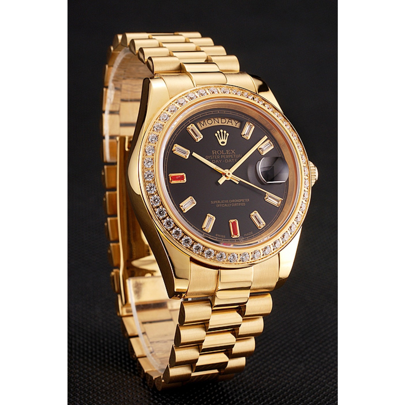 RepTime Watches Swiss Rolex Day-Date Diamonds And Rubies Black Dial Gold Bracelet 1454101