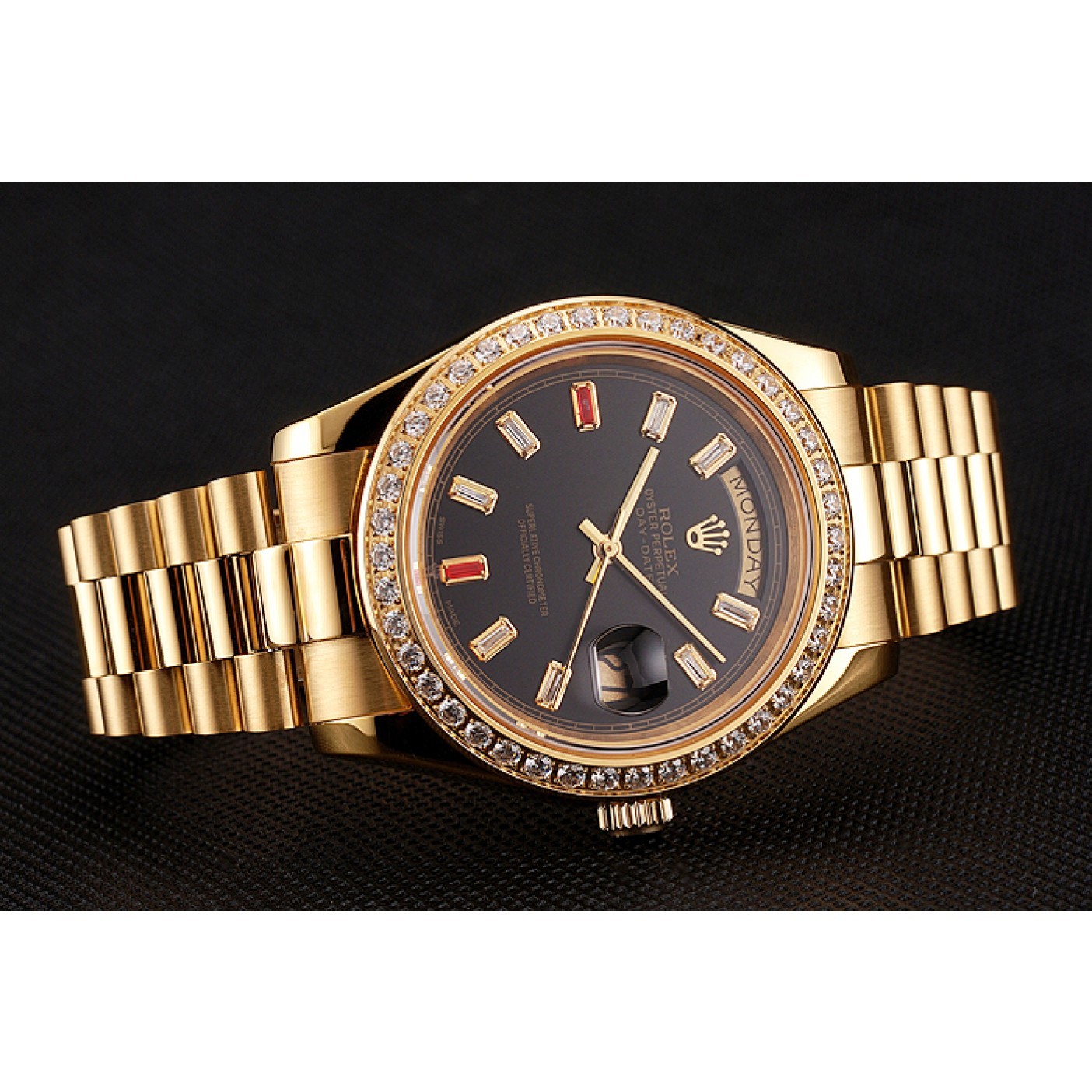 Swiss Rolex Day-Date Diamonds And Rubies Black Dial Gold Bracelet 1454101