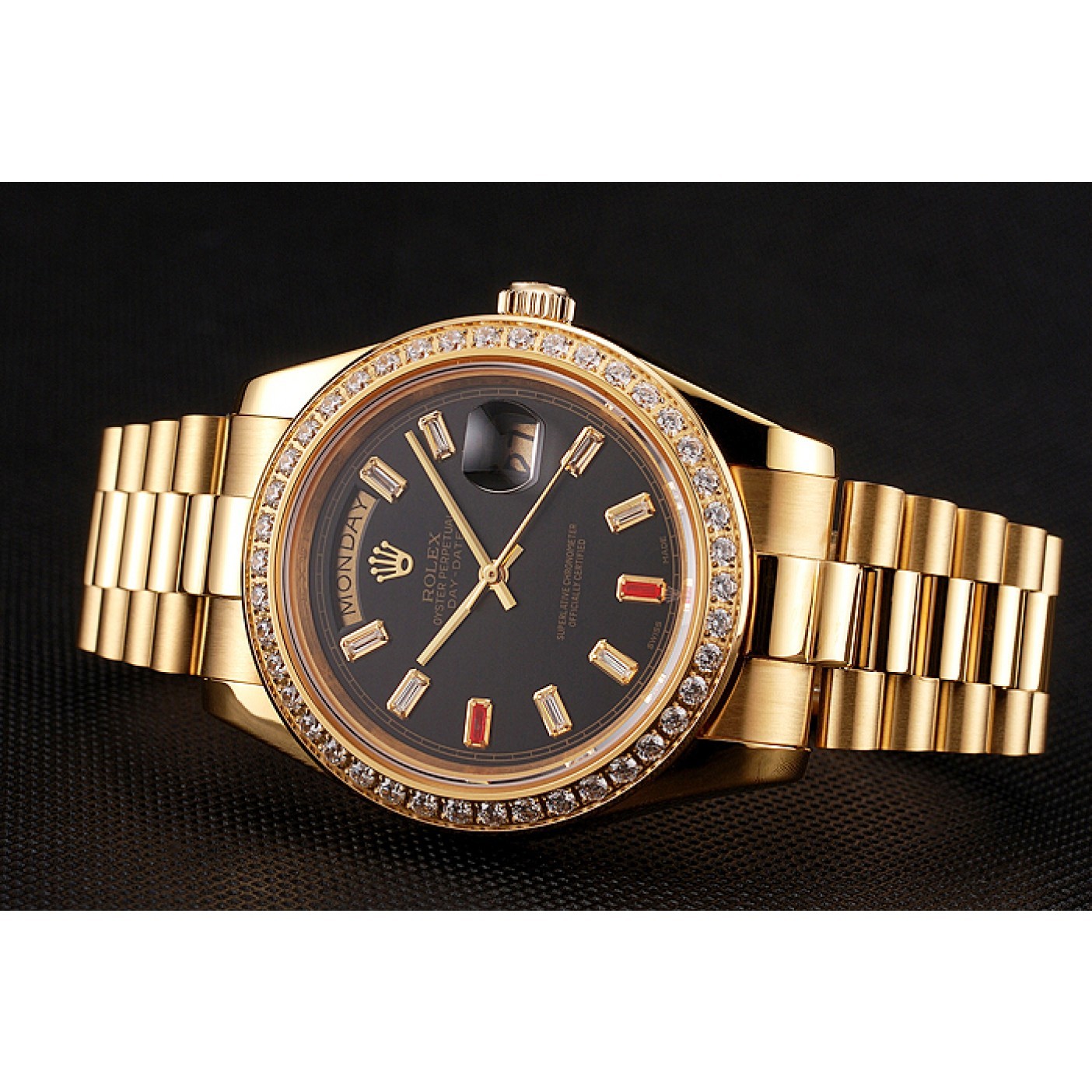 RepTime Watches Swiss Rolex Day-Date Diamonds And Rubies Black Dial Gold Bracelet 1454101