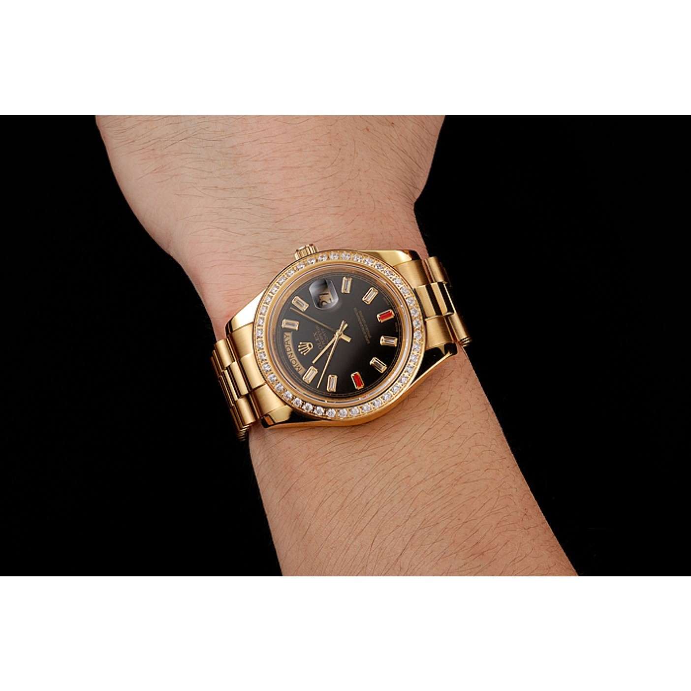 Swiss Rolex Day-Date Diamonds And Rubies Black Dial Gold Bracelet 1454101