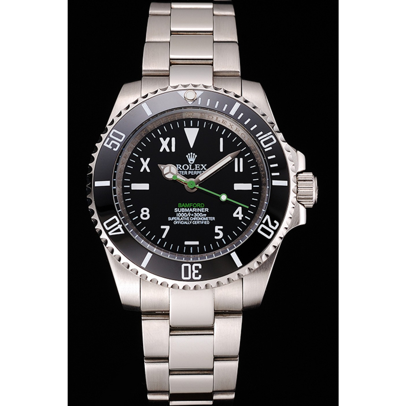 Rolex Bamford Submariner Black Dial With Roman Numerals Black Bezel Stainless Steel Case And Bracelet