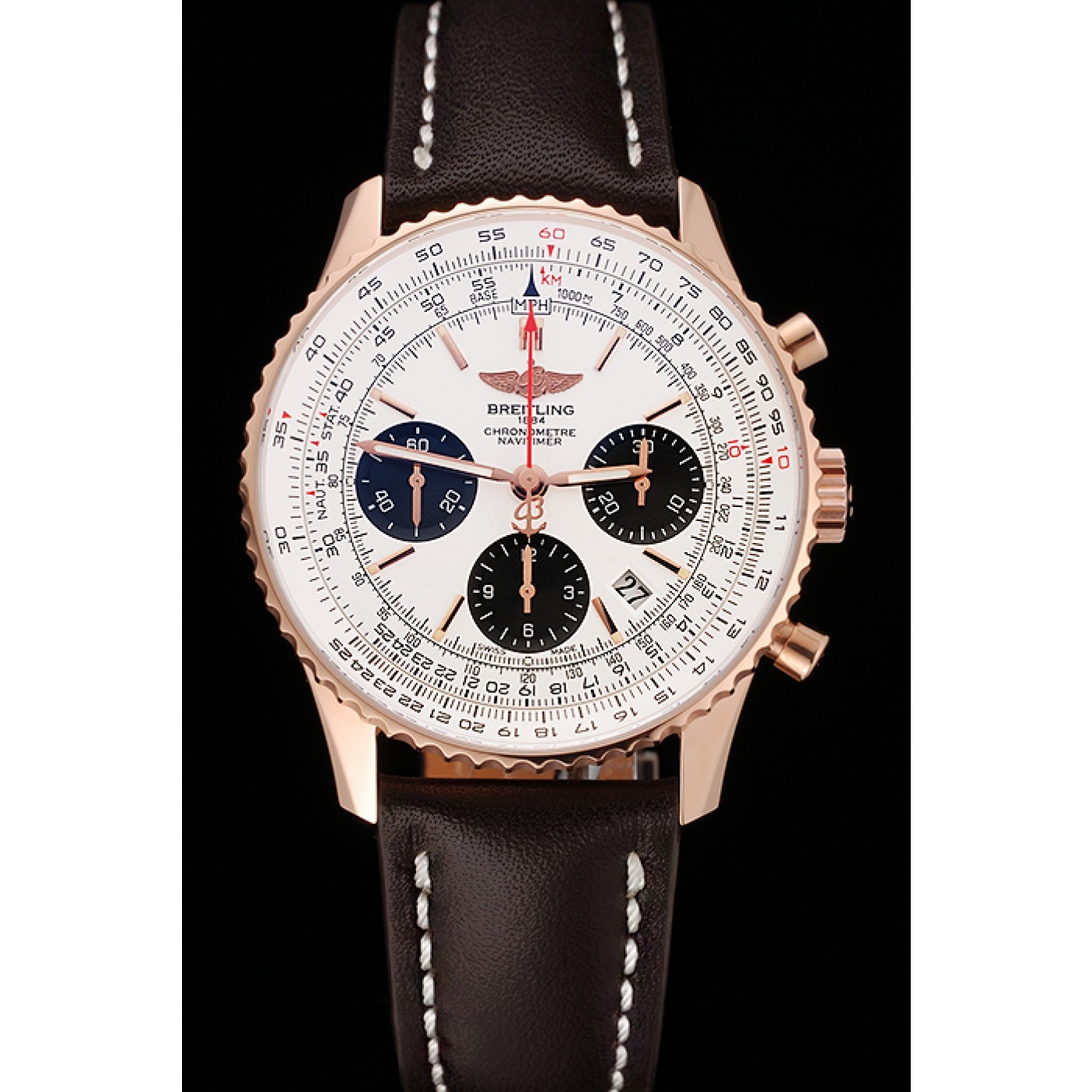 Swiss Breitling Navitimer 01 White Dial Black Subdials Rose Gold Case Brown Leather Strap