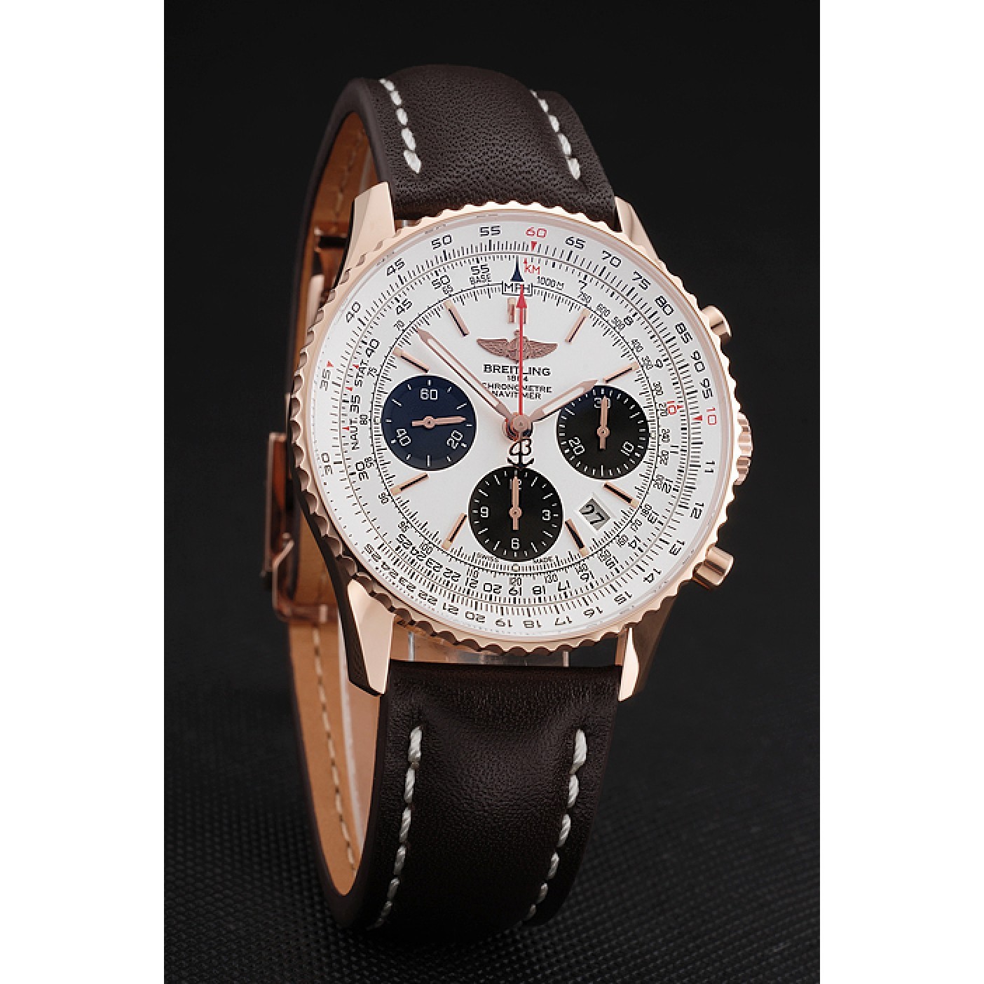 Swiss Breitling Navitimer 01 White Dial Black Subdials Rose Gold Case Brown Leather Strap