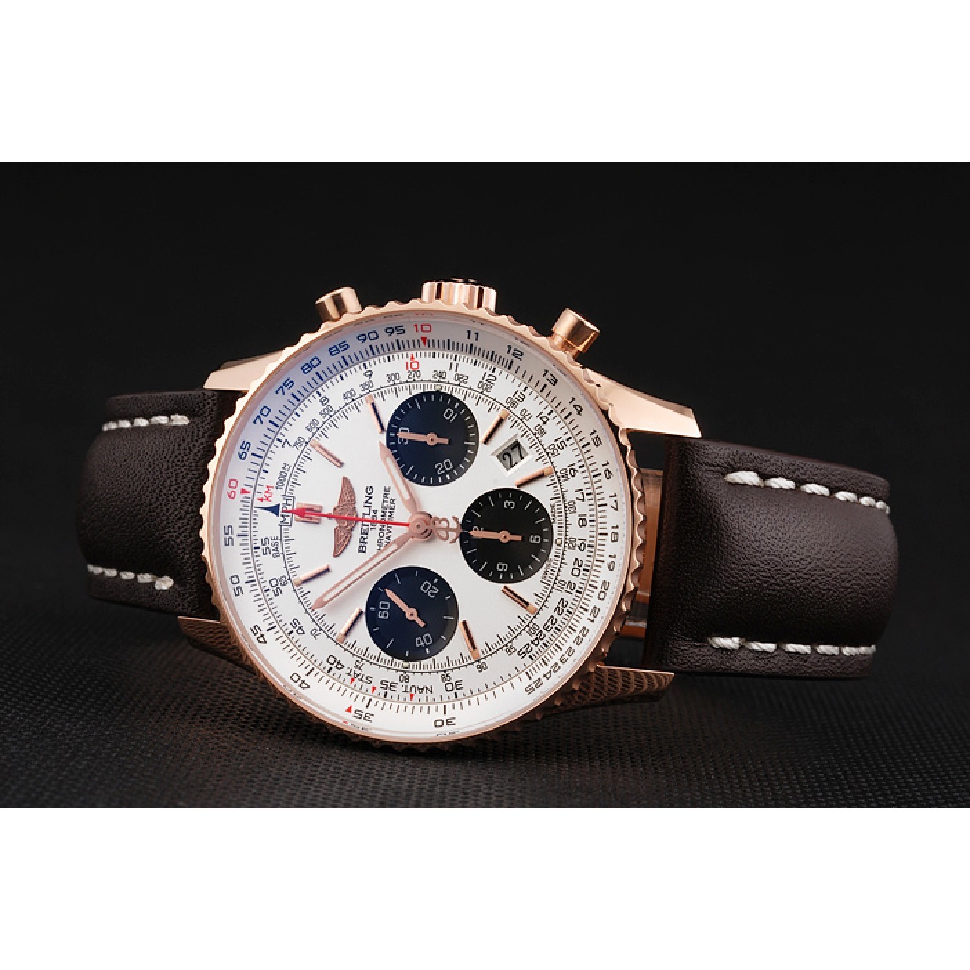 Swiss Breitling Navitimer 01 White Dial Black Subdials Rose Gold Case Brown Leather Strap