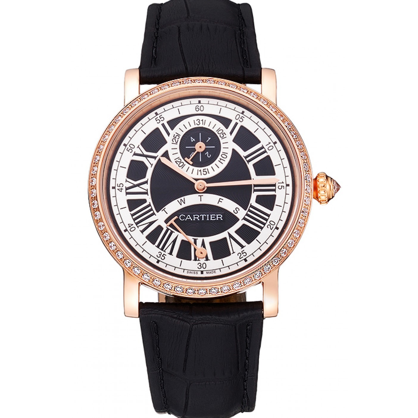 Cartier Rotonde Black And White Dial Gold Case With Jewels Black Leather Strap 622758