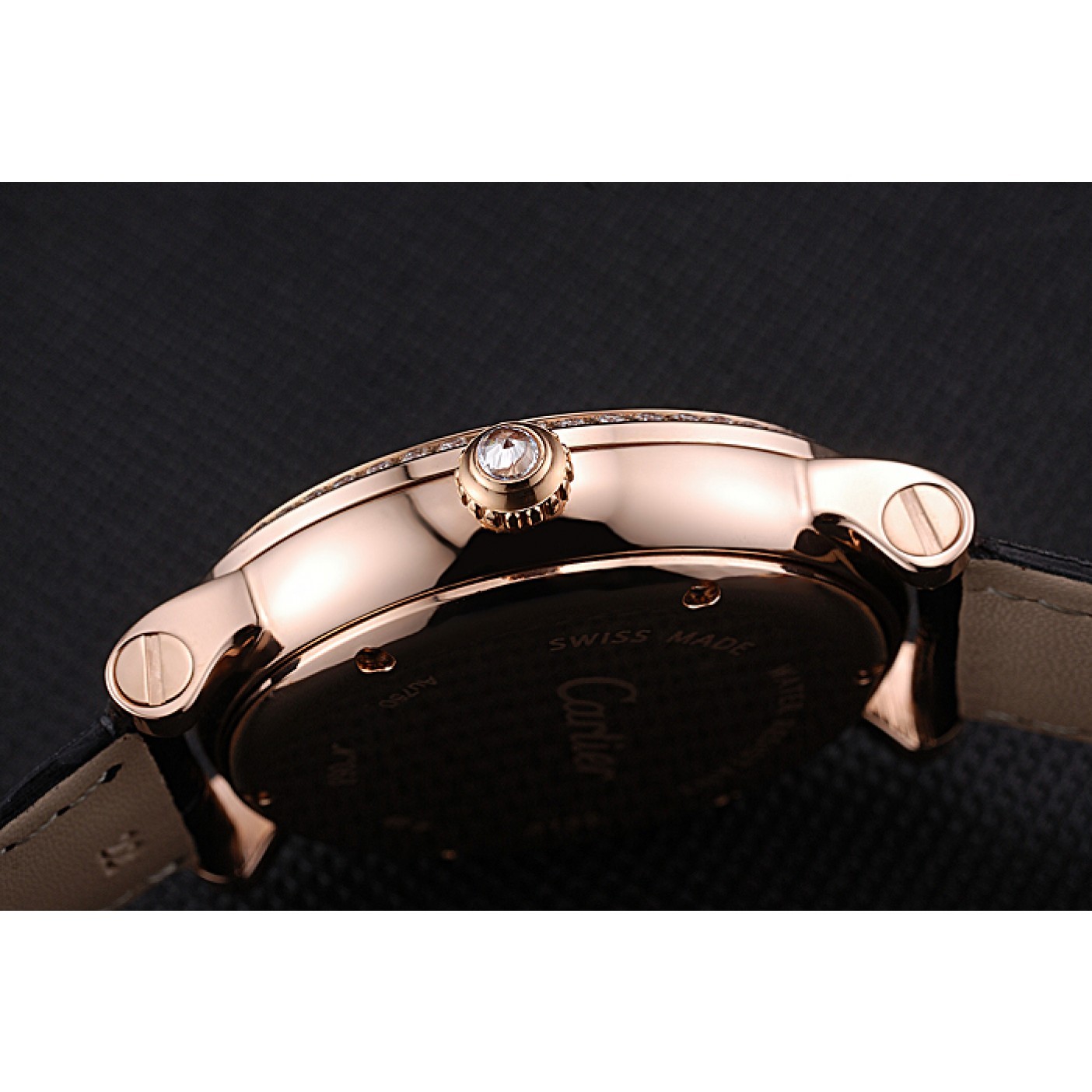 Cartier Rotonde Black And White Dial Gold Case With Jewels Black Leather Strap 622758