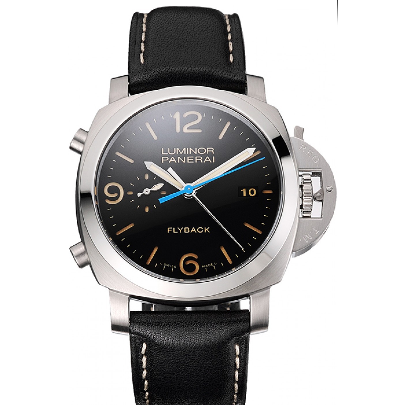 Swiss Panerai Luminor Flyback Chronograph Black Dial Stainless Steel Case Black Leather Strap