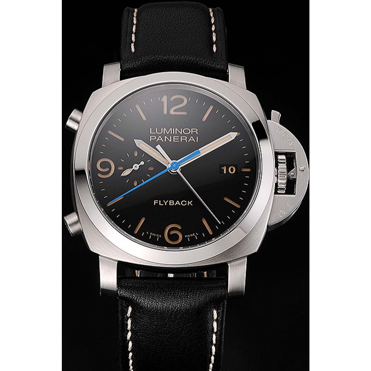 Swiss Panerai Luminor Flyback Chronograph Black Dial Stainless Steel Case Black Leather Strap