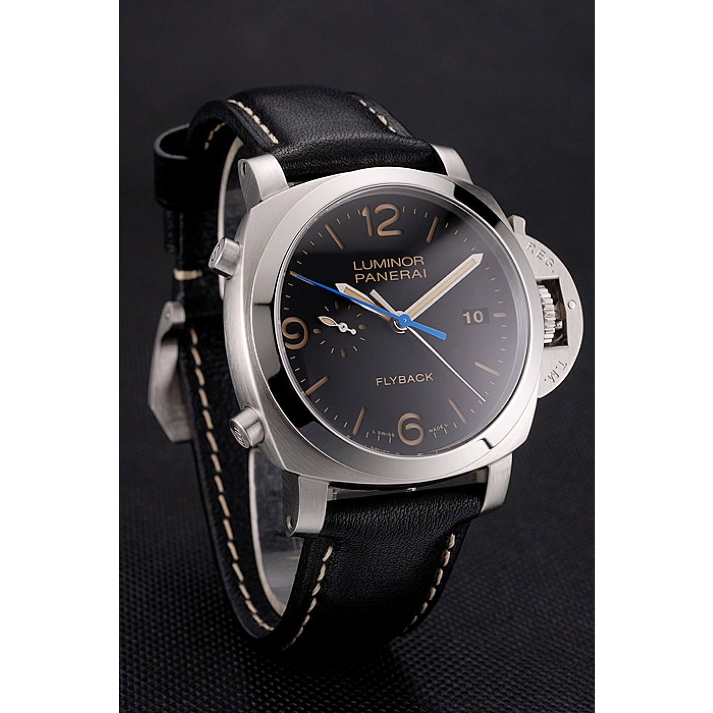 Swiss Panerai Luminor Flyback Chronograph Black Dial Stainless Steel Case Black Leather Strap