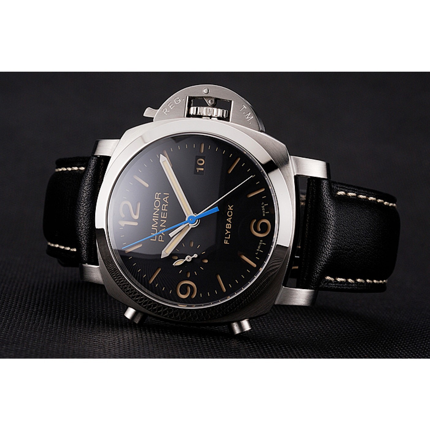 Swiss Panerai Luminor Flyback Chronograph Black Dial Stainless Steel Case Black Leather Strap