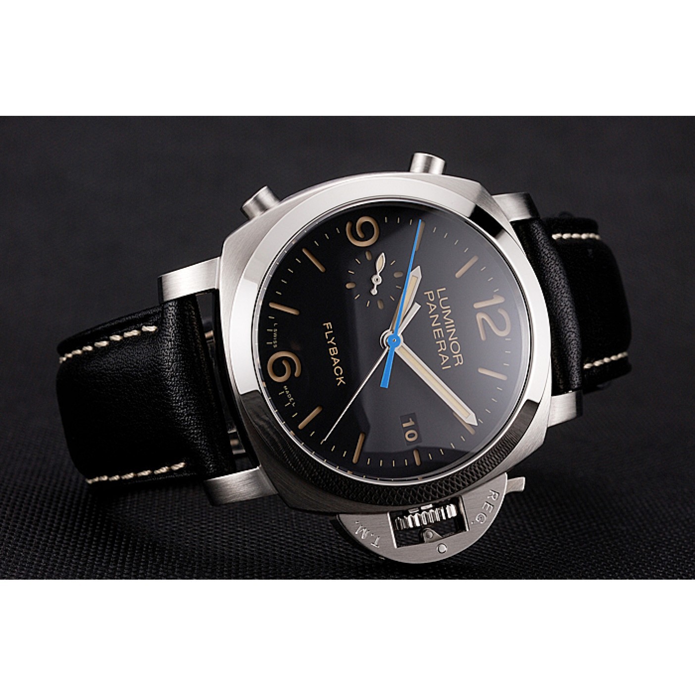 Swiss Panerai Luminor Flyback Chronograph Black Dial Stainless Steel Case Black Leather Strap