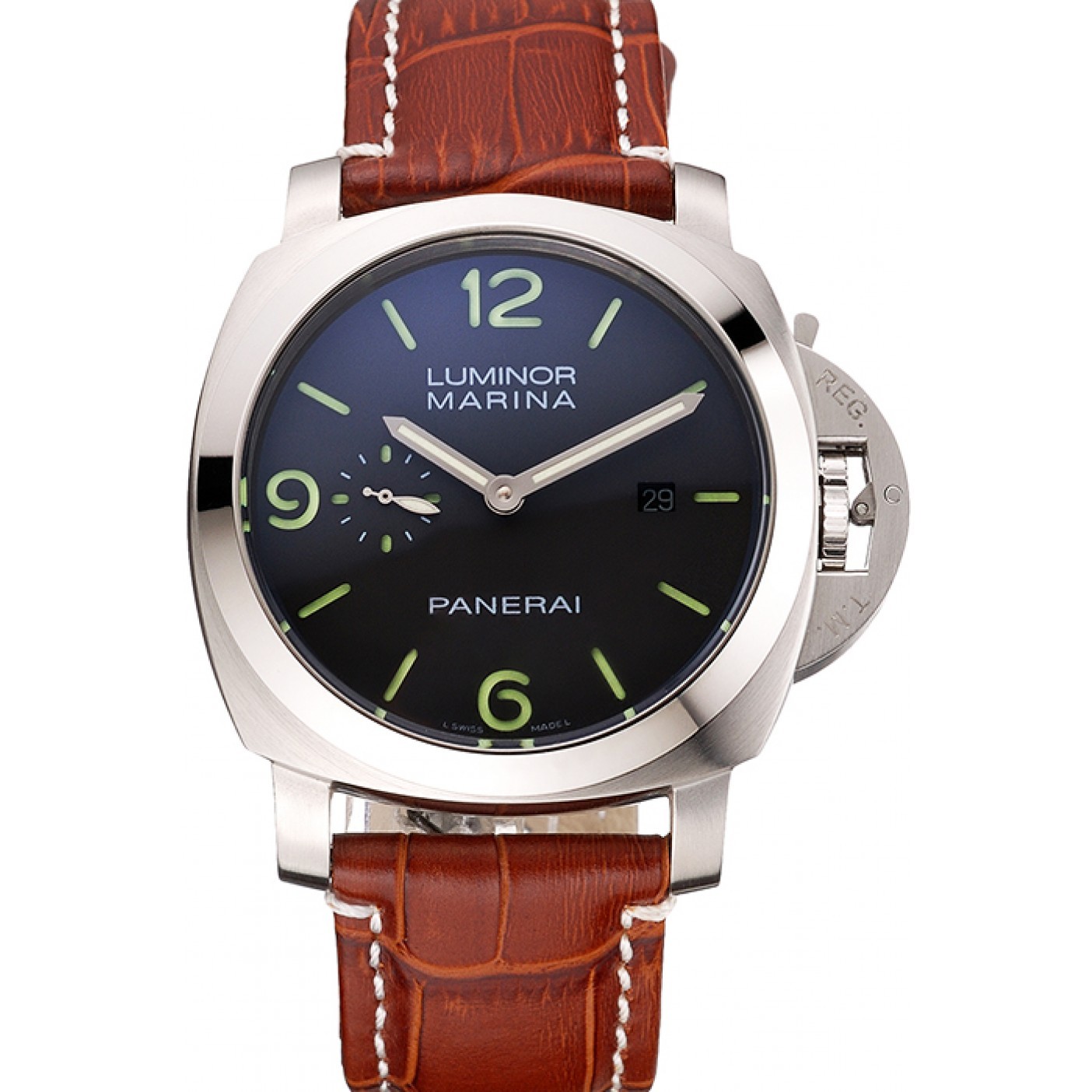 Panerai Luminor Marina 1950 Black Dial Brushed Steel Case Light Brown Leather Strap