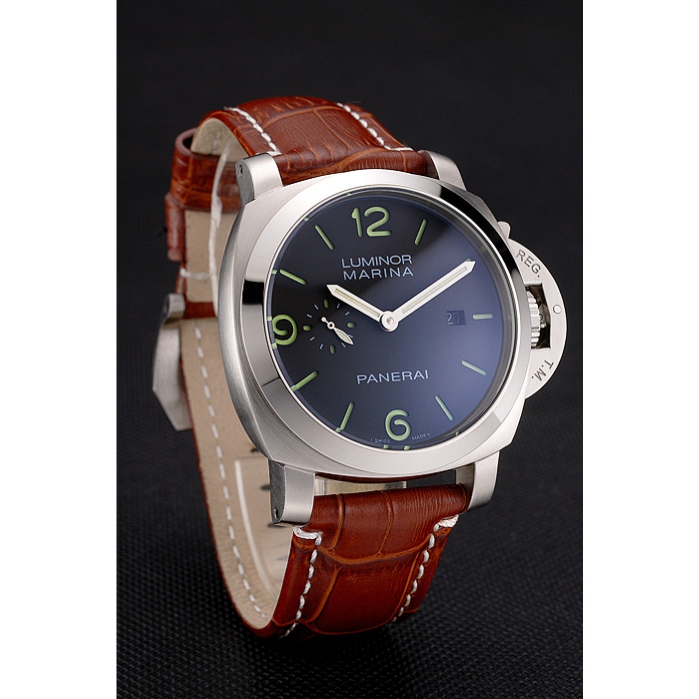 Panerai Luminor Marina 1950 Black Dial Brushed Steel Case Light Brown Leather Strap