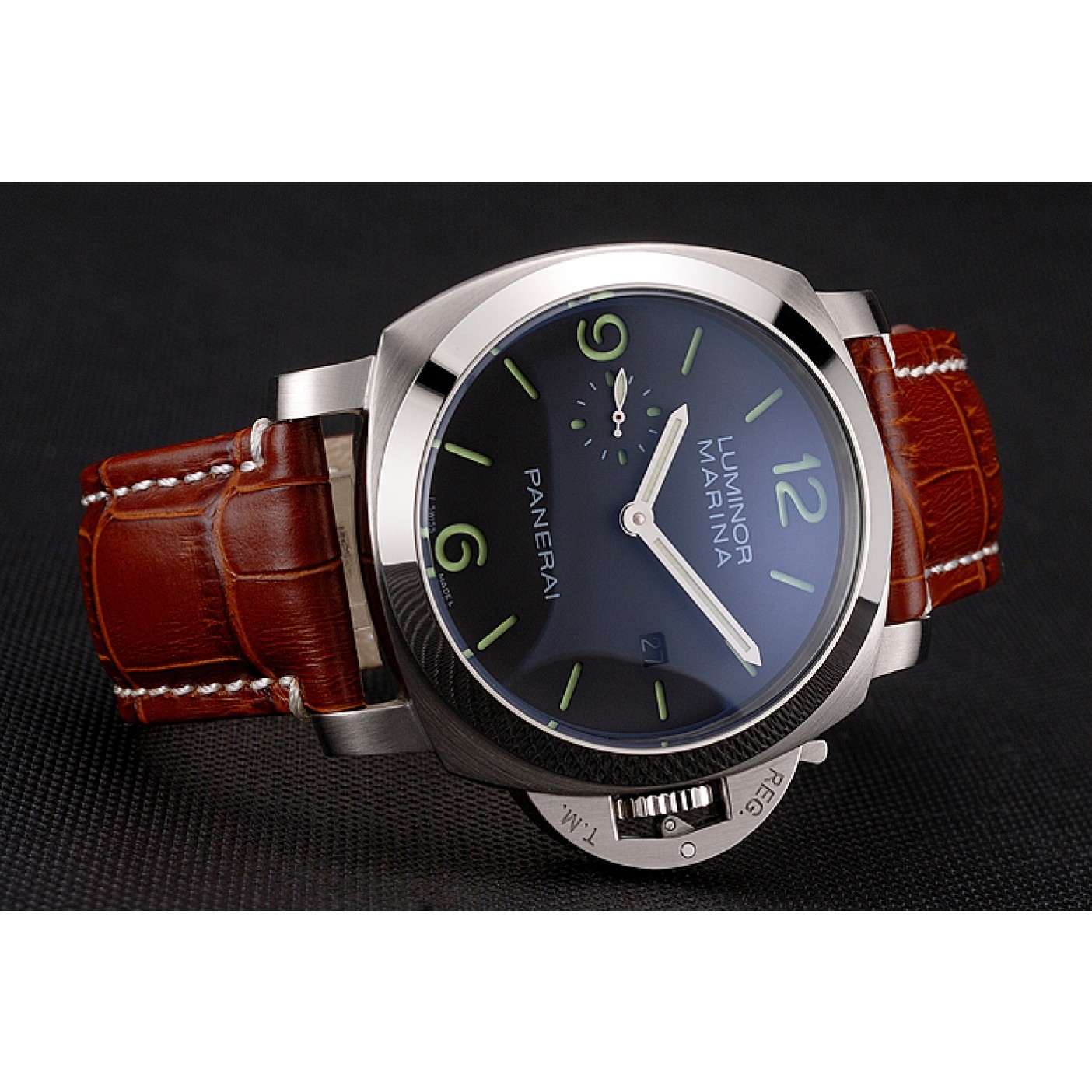 Panerai Luminor Marina 1950 Black Dial Brushed Steel Case Light Brown Leather Strap