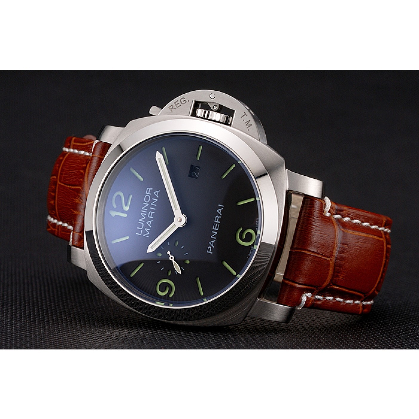 Panerai Luminor Marina 1950 Black Dial Brushed Steel Case Light Brown Leather Strap