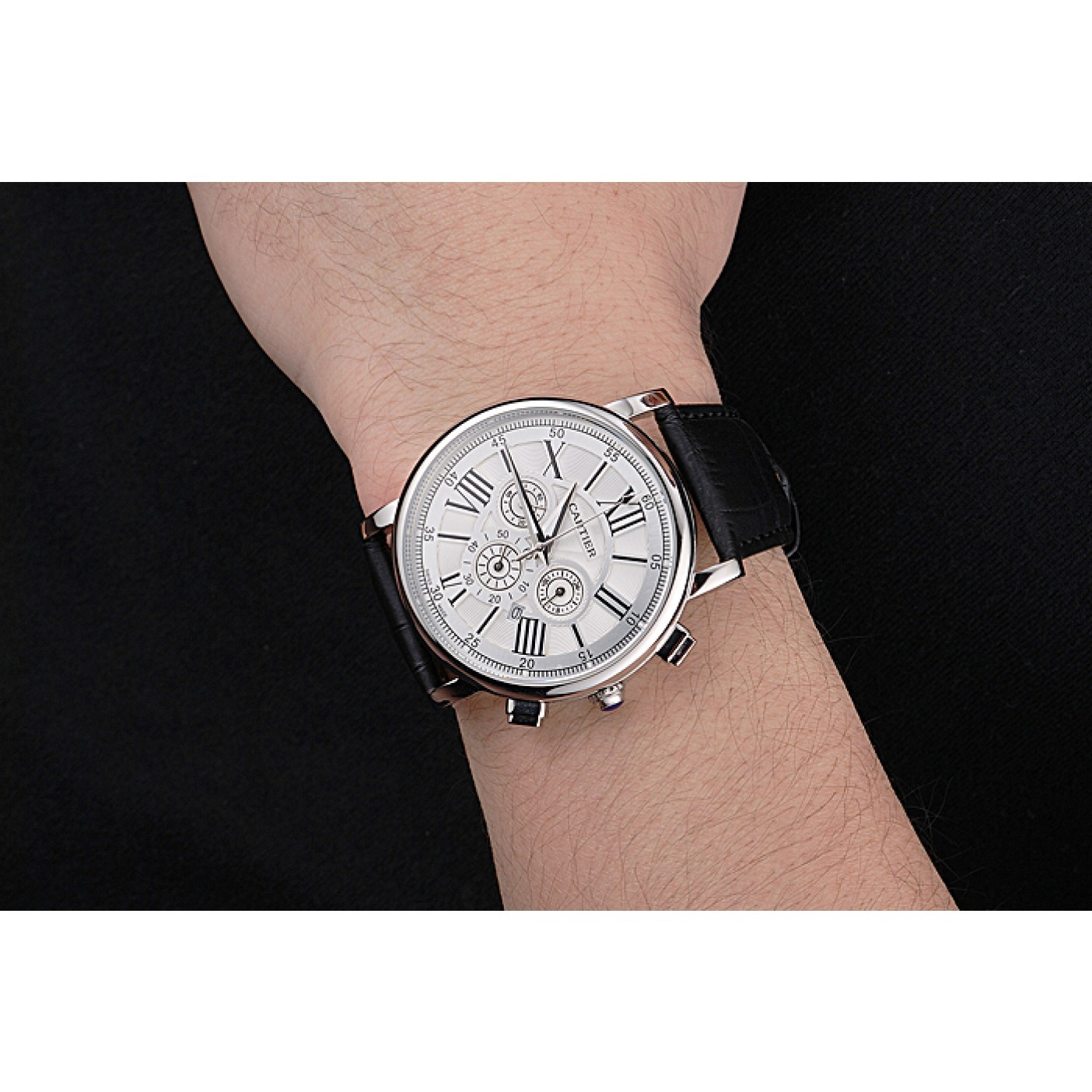 Cartier Rotonde Chronograph White Dial Stainless Steel Case Black Leather Strap