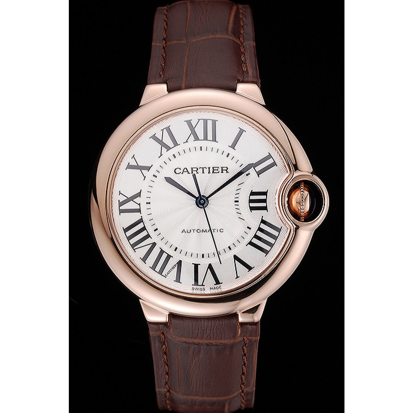 Swiss Ballon Blue De Cartier Gold Case White Dial Roman Numerals Brown Leather Bracelet 622651