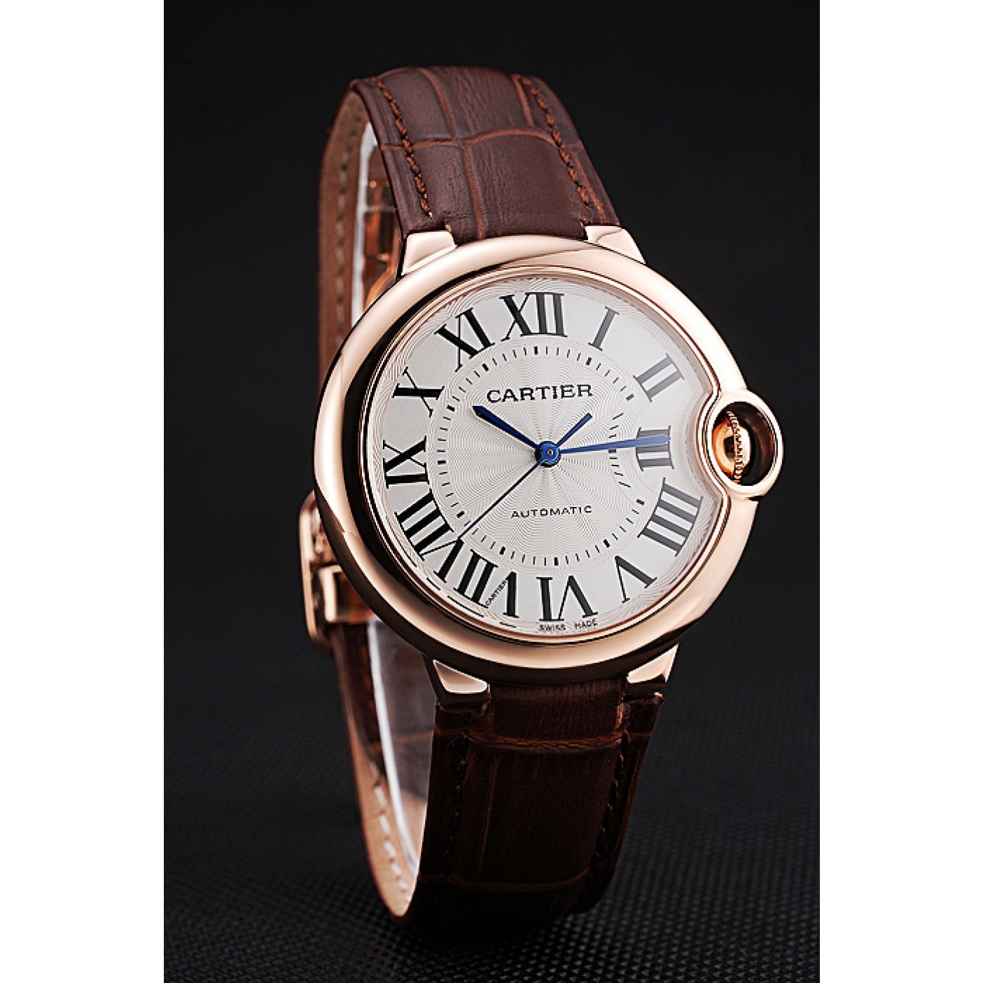 Swiss Ballon Blue De Cartier Gold Case White Dial Roman Numerals Brown Leather Bracelet 622651