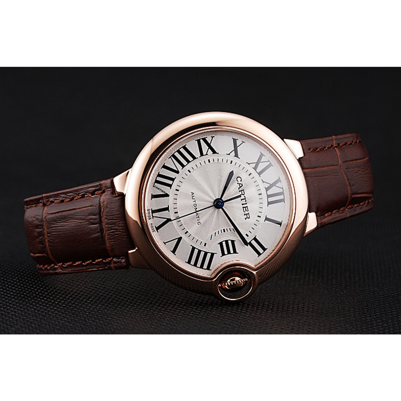 Swiss Ballon Blue De Cartier Gold Case White Dial Roman Numerals Brown Leather Bracelet 622651