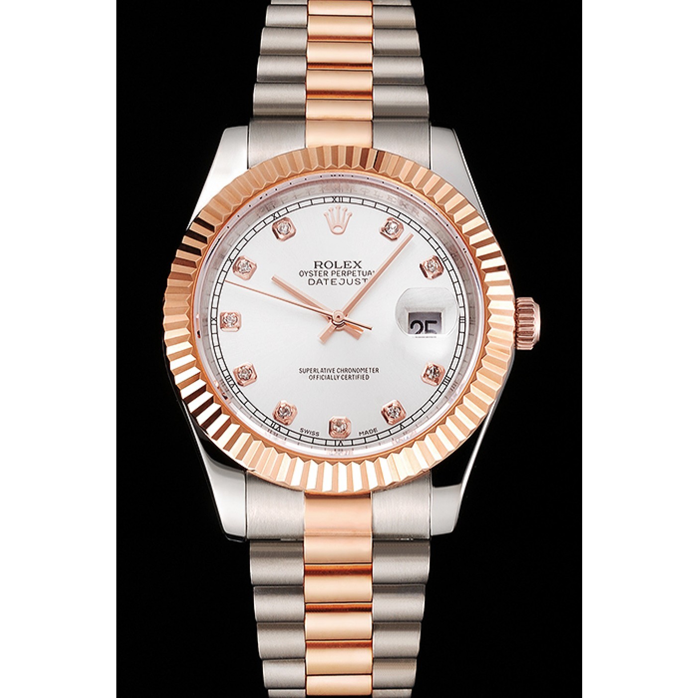 RepTime Watches Swiss Rolex Datejust White Dial Rose Gold Bezel Stainless Steel Case Two Tone Bracelet