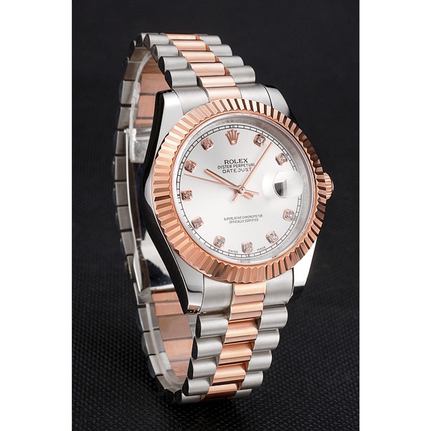 RepTime Watches Swiss Rolex Datejust White Dial Rose Gold Bezel Stainless Steel Case Two Tone Bracelet