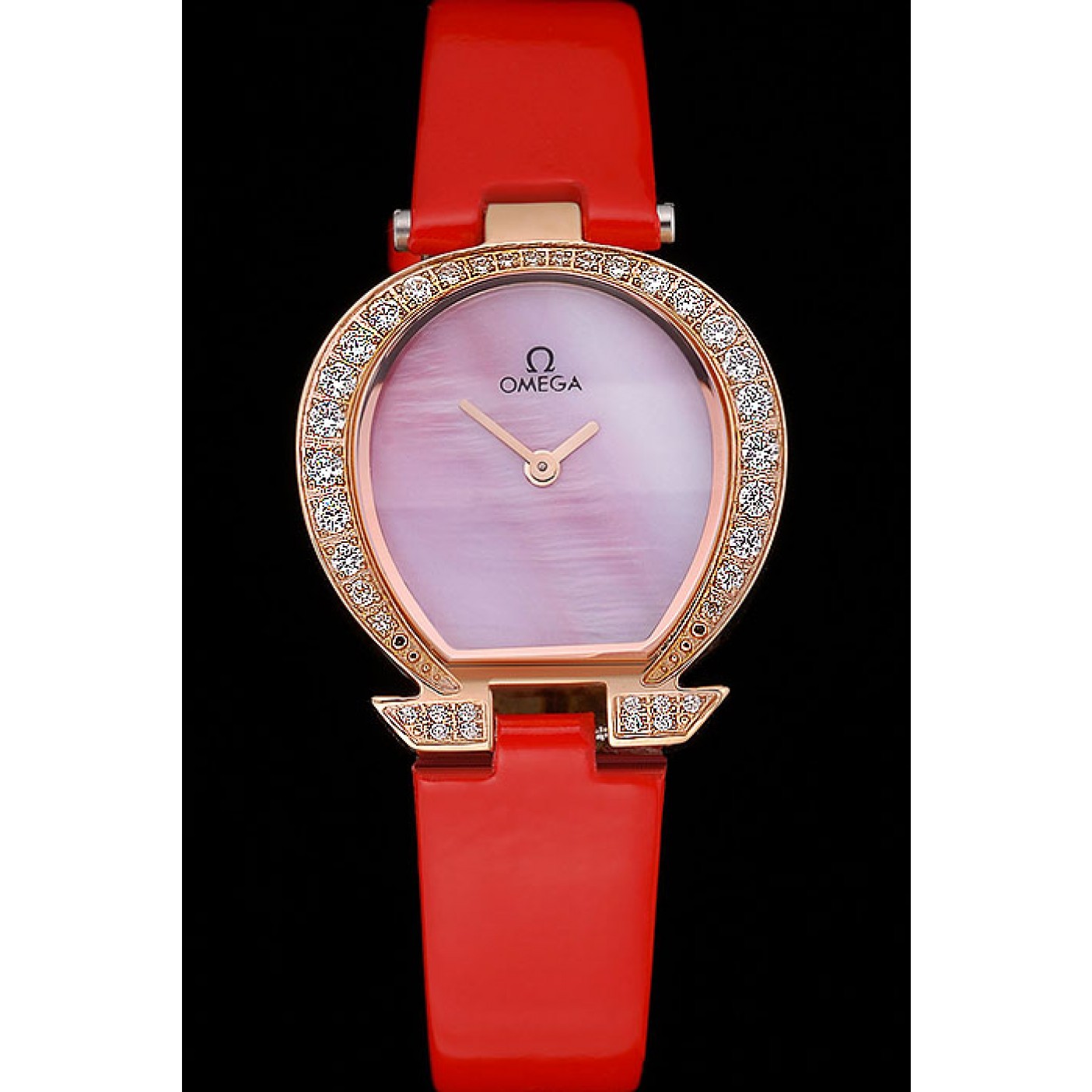 Omega Ladies Watch Pink Dial Gold Case With Diamonds Red Leather Strap 622831